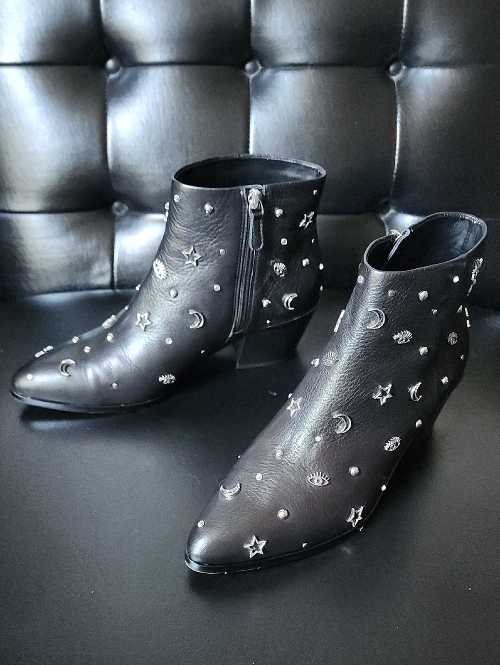 Rebecca Minkoff Lizzie Black Leather Celestial Studded Ankle Booties Size 9 - Picture 13 of 16